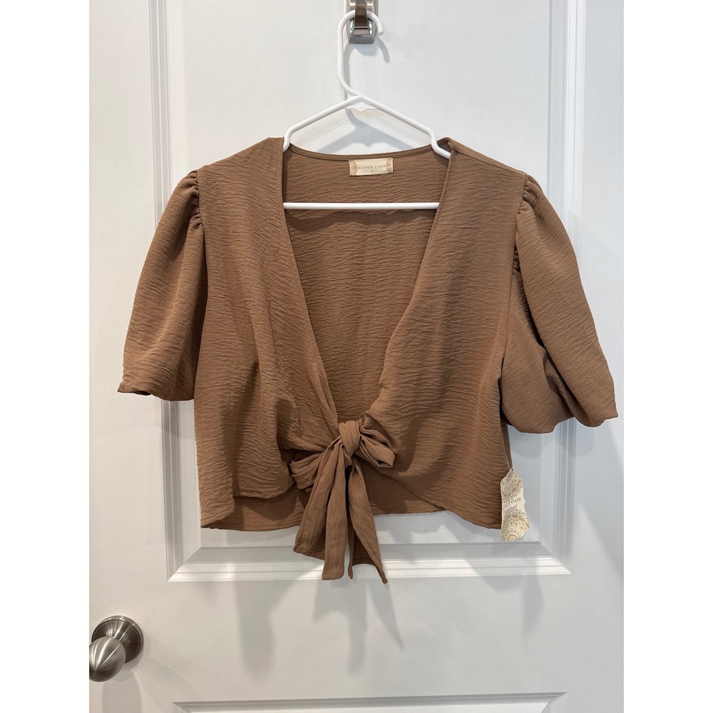 Altar'd State Brown Tie Front Crop Top Short Puff Sleeve V-Neck Crepe Boho M - Picture 2 of 6